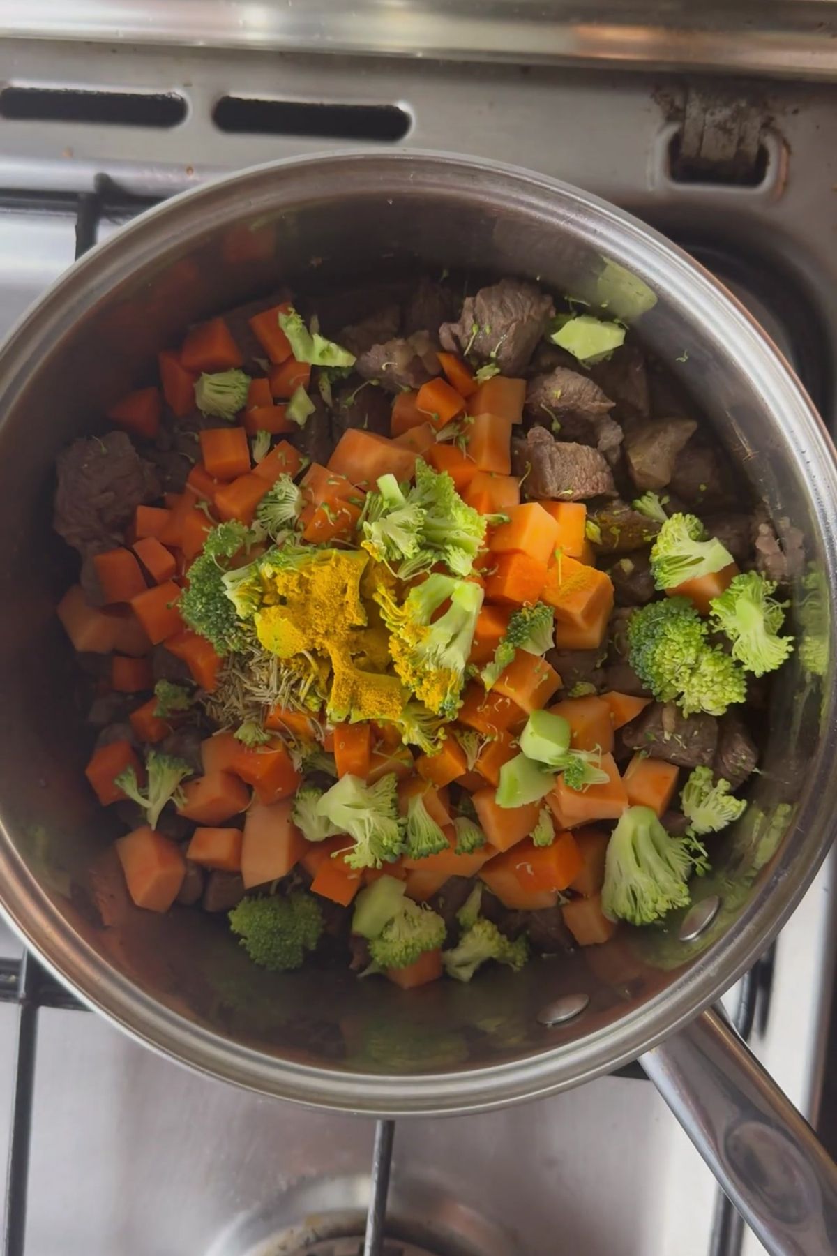 A stainless steel pan on a stove contains diced beef, carrots, broccoli, and yellow spices, likely being prepared as a hearty beef stew for dogs.