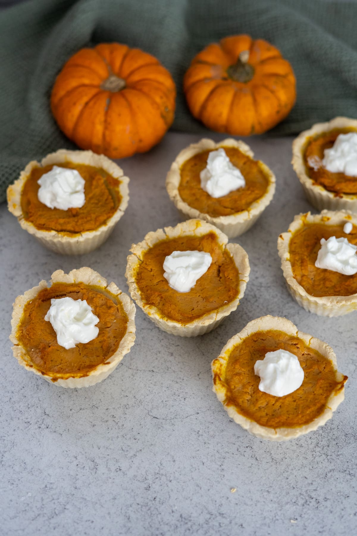 Mini pumpkin pies for dogs topped with whipped cream are arranged on a gray surface, with two small whole pumpkins in the background.