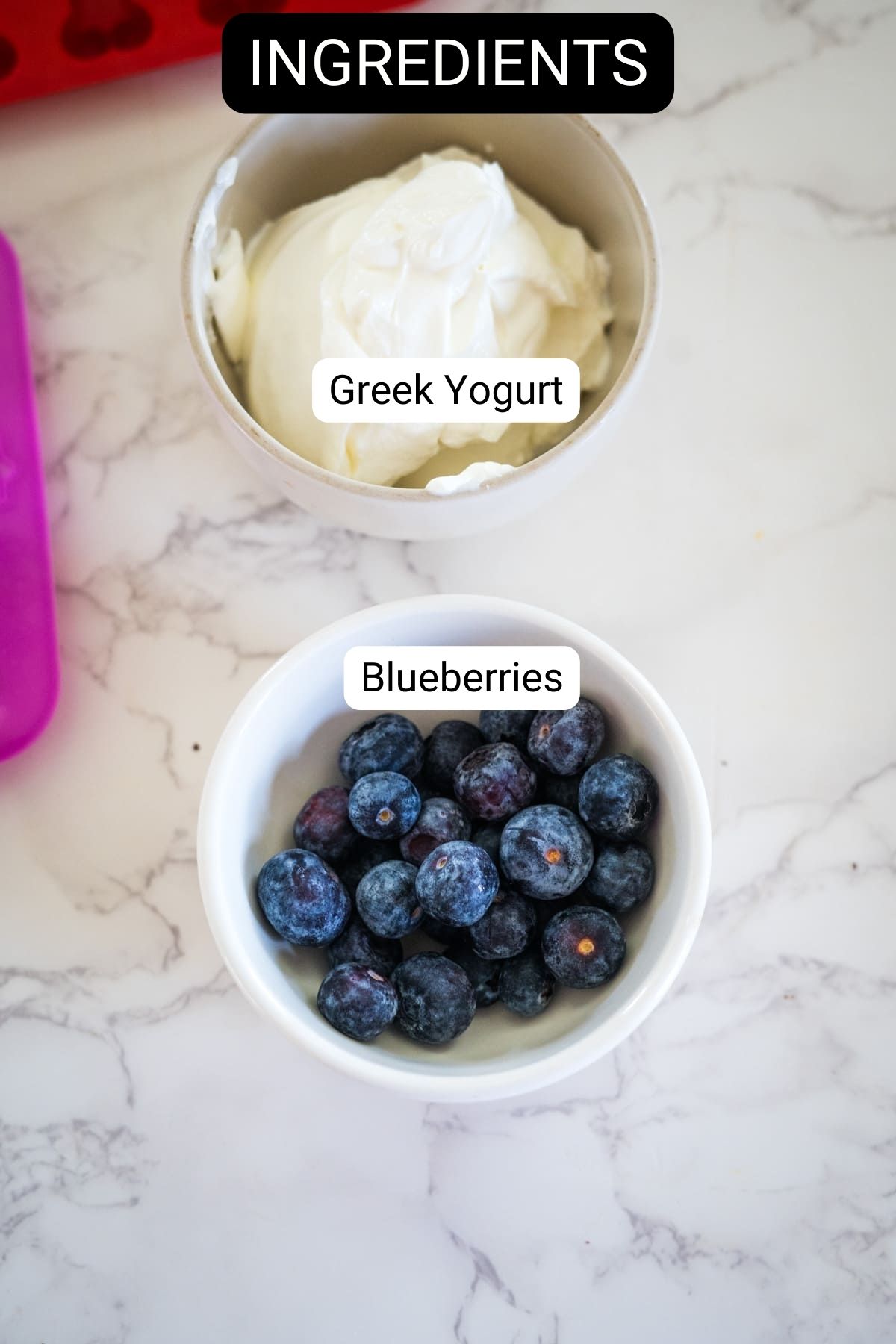 Two labeled bowls on a marble surface: one with blueberry yogurt dog treats and another with fresh blueberries.