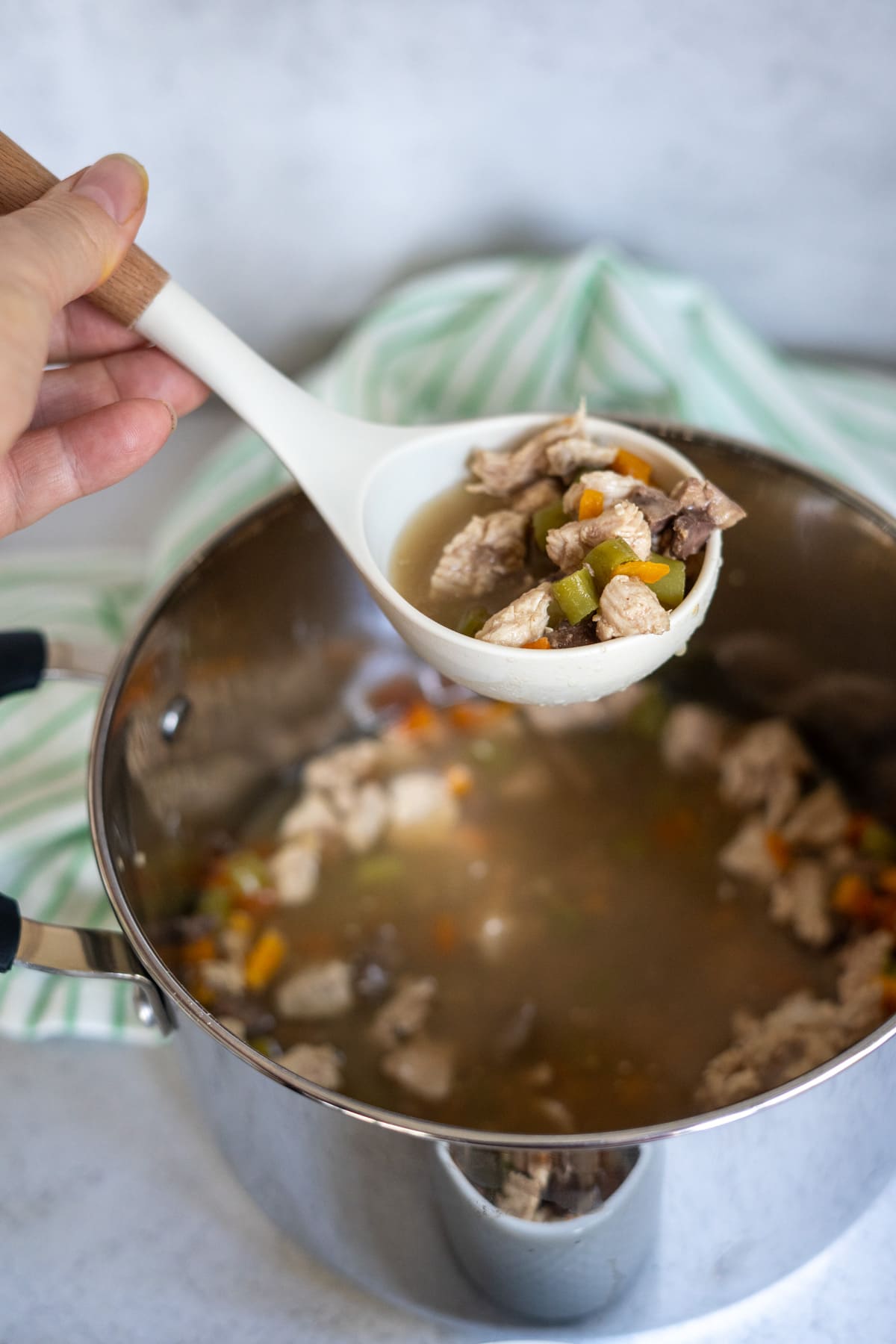 A hand holds a ladle of soup, reminiscent of a hearty turkey dog food recipe, with chunks of meat and vegetables over a pot filled with the same savoury mixture.