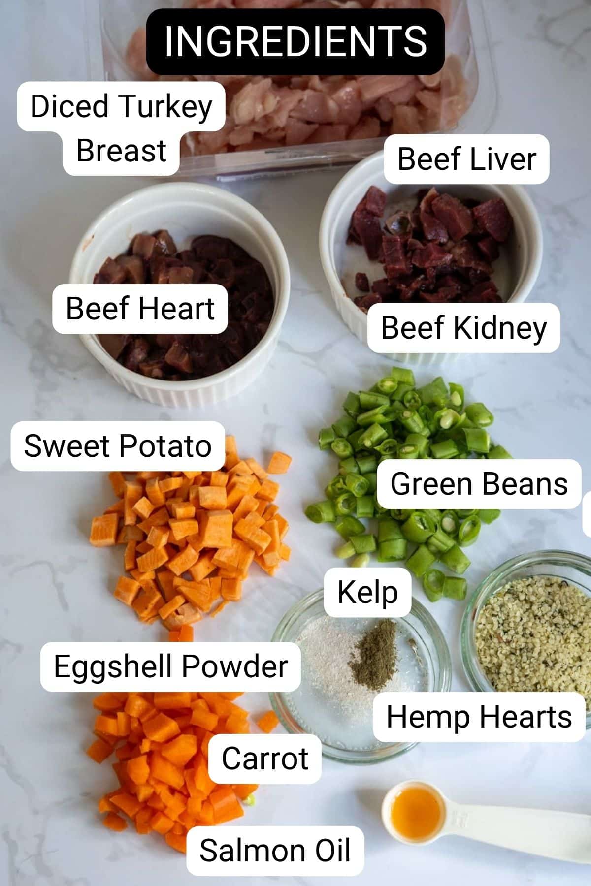 Ingredients for this turkey dog food recipe are laid out, including diced turkey breast, beef liver, beef heart, kidney, sweet potato, green beans, eggshell powder, kelp, hemp hearts, carrot, and salmon oil.