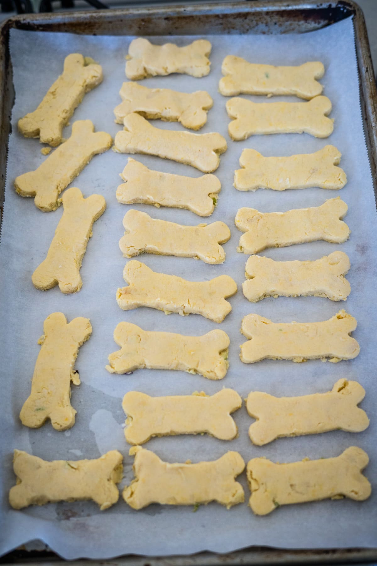 Homemade dog biscuits on a baking sheet.