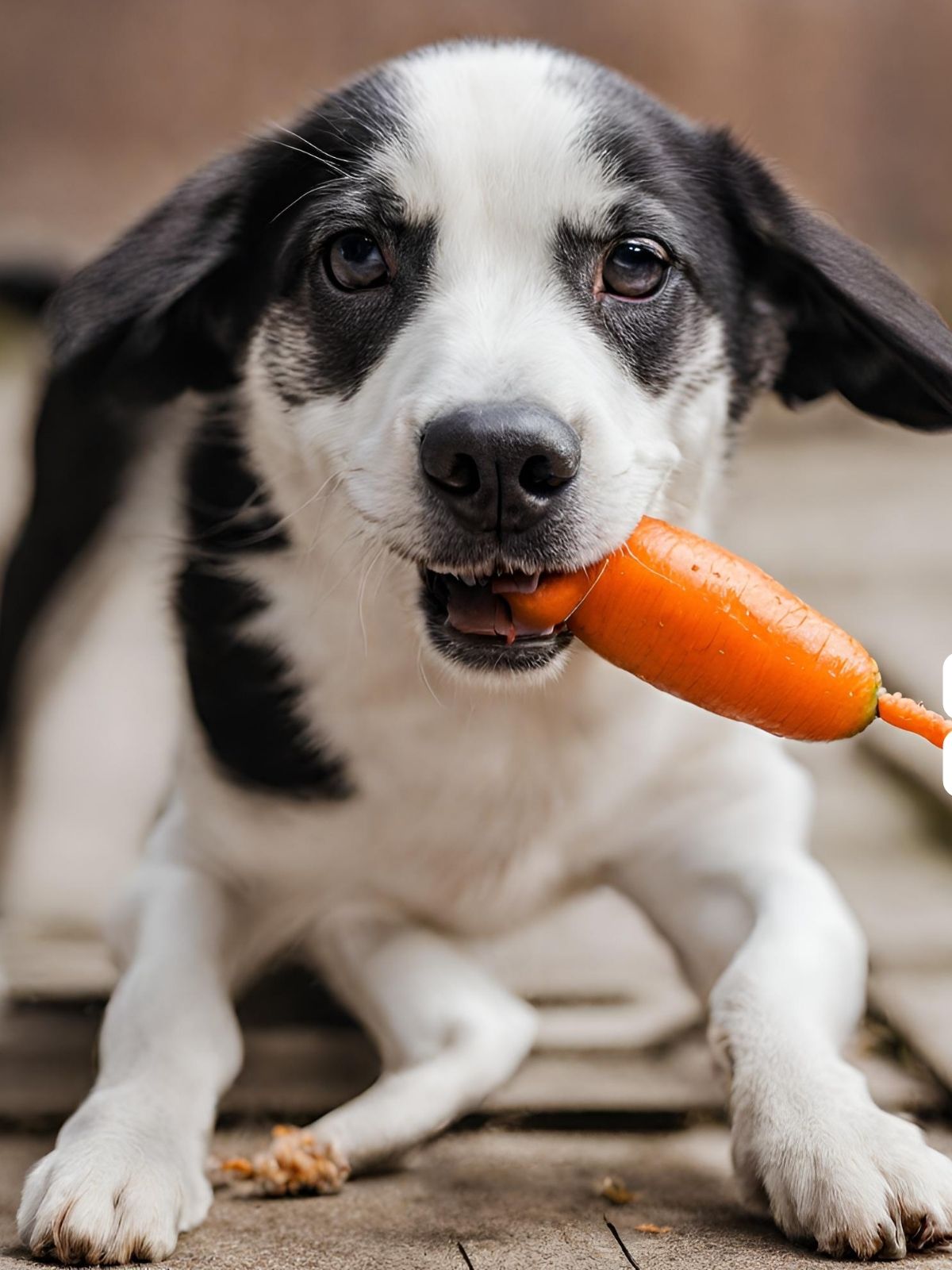 A dog with a carrot in its mouth, showcasing that dogs can eat carrots.