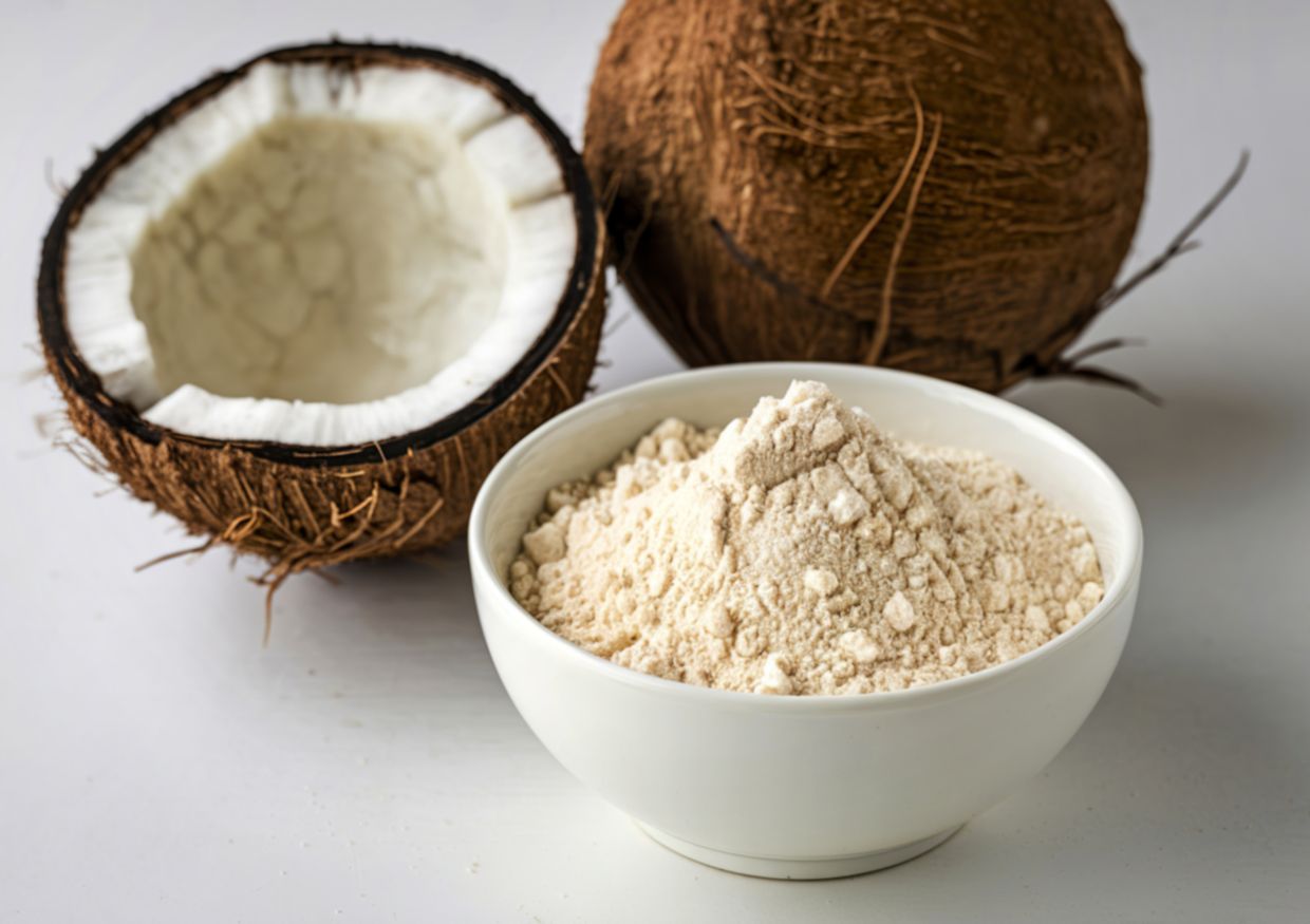 A white bowl filled with coconut flour sits on a white surface next to a whole coconut and a halved coconut—perfect ingredients for making homemade coconut flour dog treats.