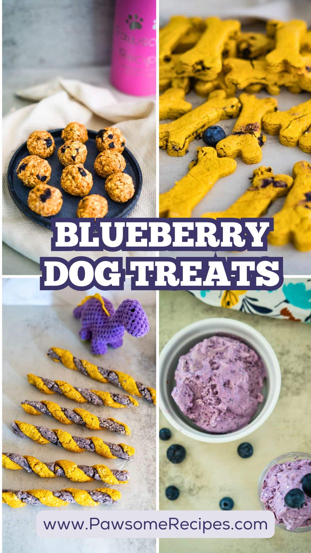 A collage featuring blueberry dog treat recipes—biscuits, twisted sticks, and a purple mixture—with “Blueberry Dog Treats” text and the website www.PawsomeRecipes.com.
