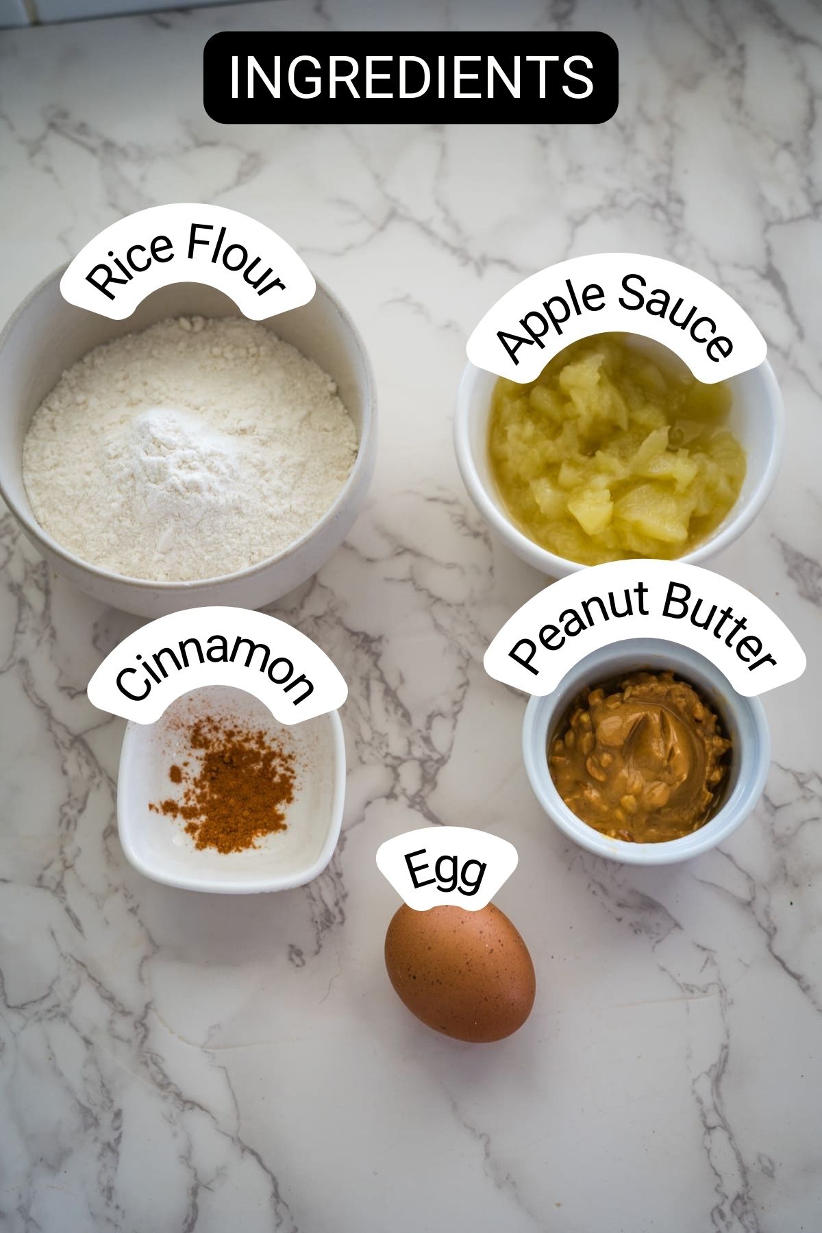 An assortment of ingredients on a marble surface labeled as rice flour, apple sauce, peanut butter, cinnamon, and an egg.