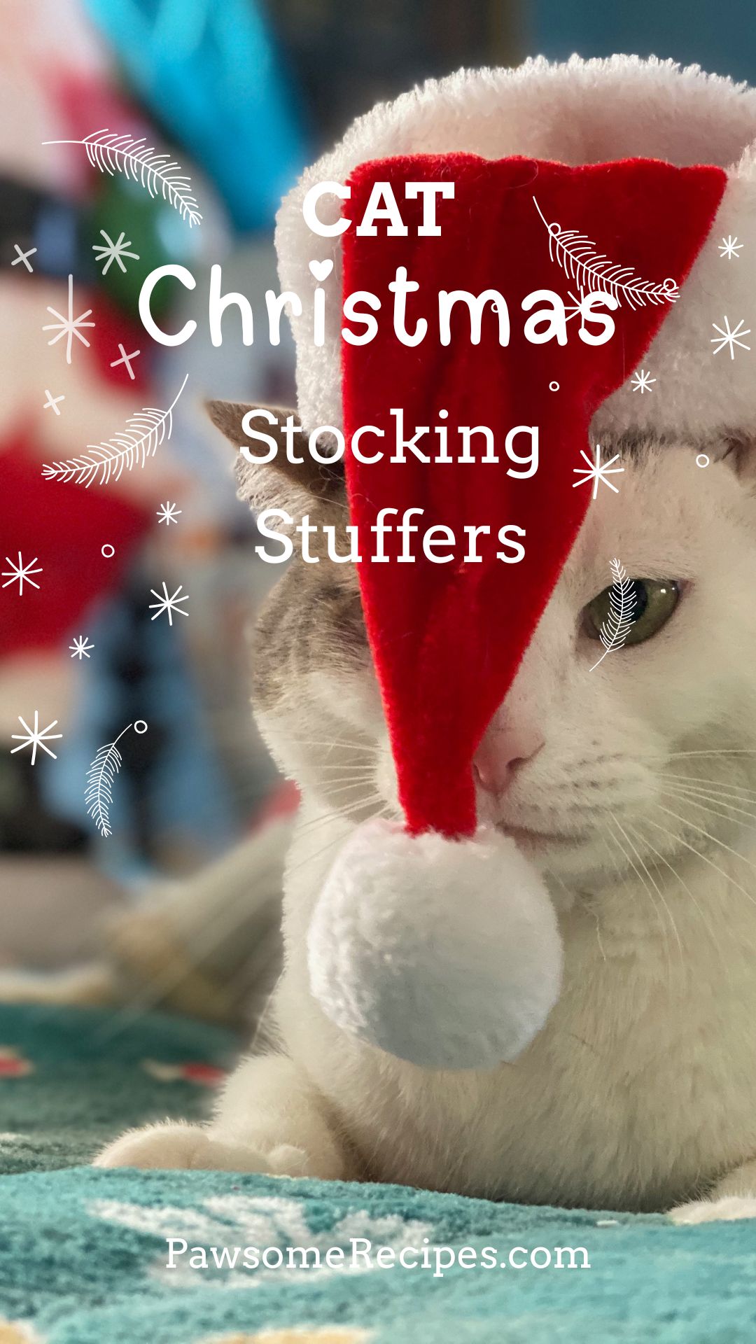 A cat in a red Santa hat sits on a blanket. Text on image reads: "Cat Christmas Stocking Stuffers" for unique gift ideas. Visit PawsomeRecipes.com.