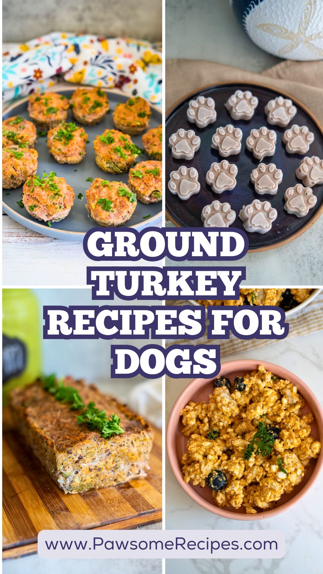Four images of homemade minced turkey dog treats, including baked meatballs, paw-shaped chews, a loaf slice, and a rice mix in a bowl. Text reads: “Minced Turkey Recipes for Dogs.” Perfect inspiration for anyone searching for dog food recipes with minced turkey.