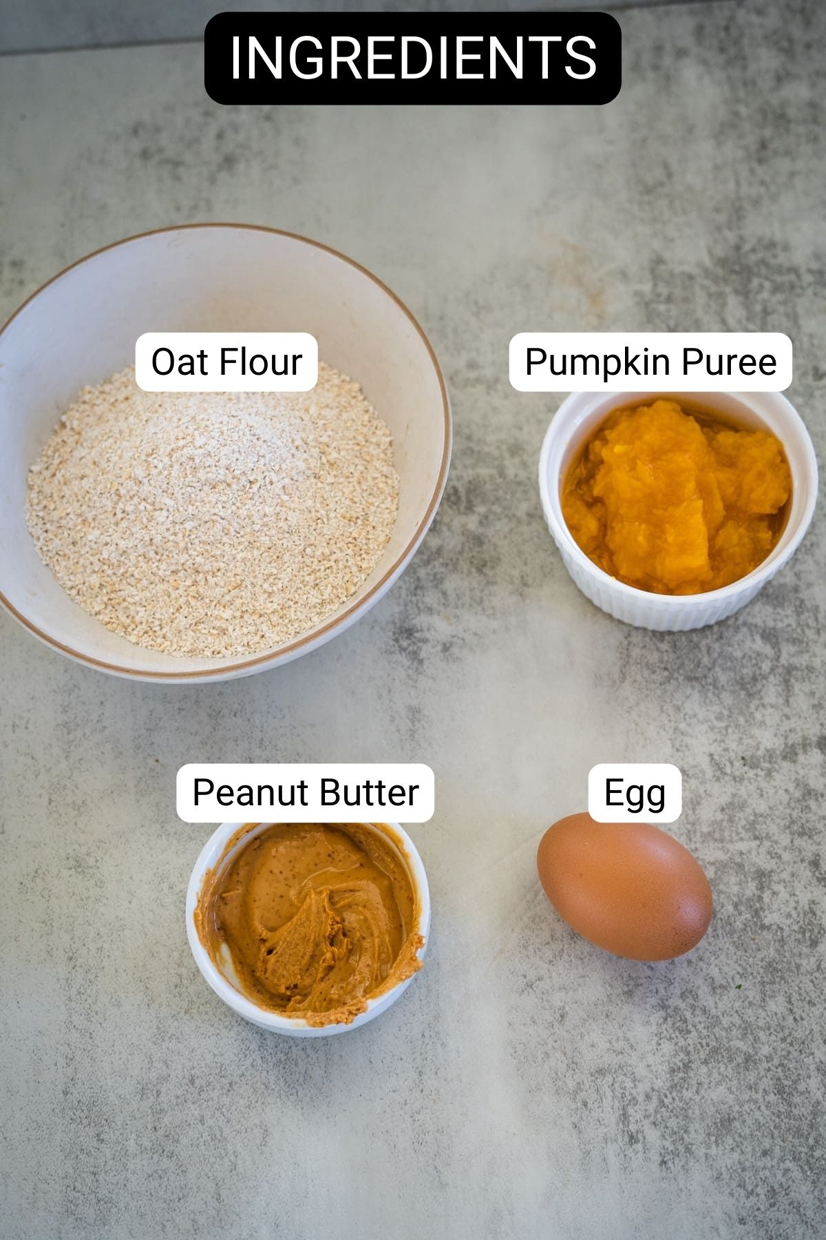 Bowl of oat flour, small bowls of pumpkin puree and peanut butter, and a brown egg on a gray surface labeled "Ingredients.