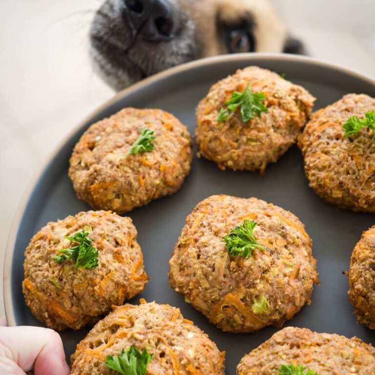 A dog peeks at a plate of homemade dog treats topped with parsley.