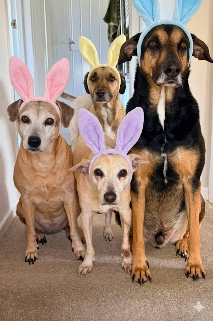 Four dogs wearing colourful bunny ear headbands sit on a carpeted corridor floor, looking towards the camera and eagerly awaiting their Easter dog treats.