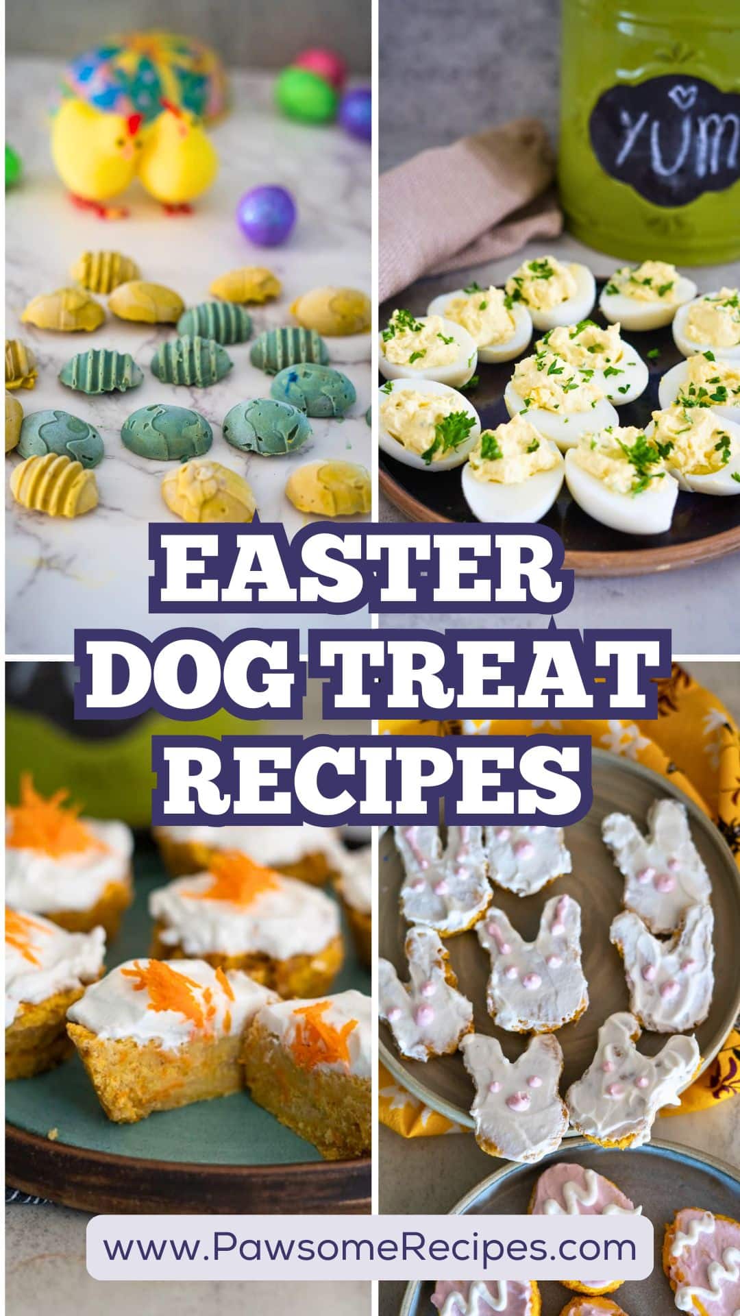 A collage of homemade Easter dog treats, including decorated biscuits, devilled egg treats, carrot cake bars with icing, and bunny-shaped biscuits with icing. Text reads "Easter Dog Treat Recipes.