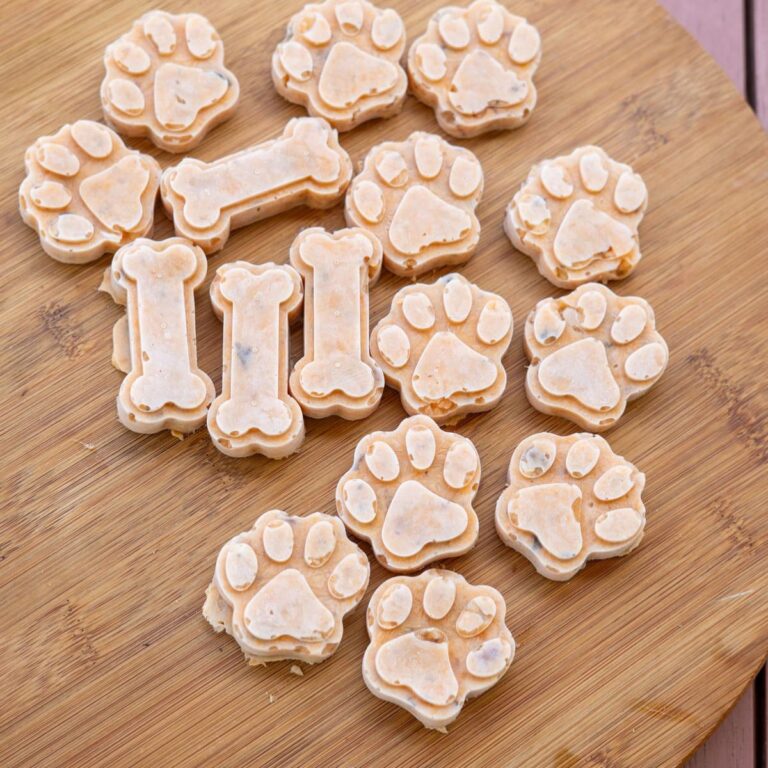 Dog treats shaped like bones and paw prints are arranged on a round wooden surface.