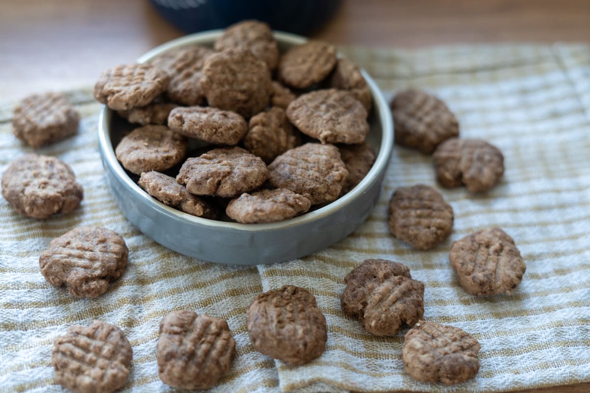 A bowl filled with small, round, chocolate cookies sits on a checkered cloth, with several cookies scattered around it.