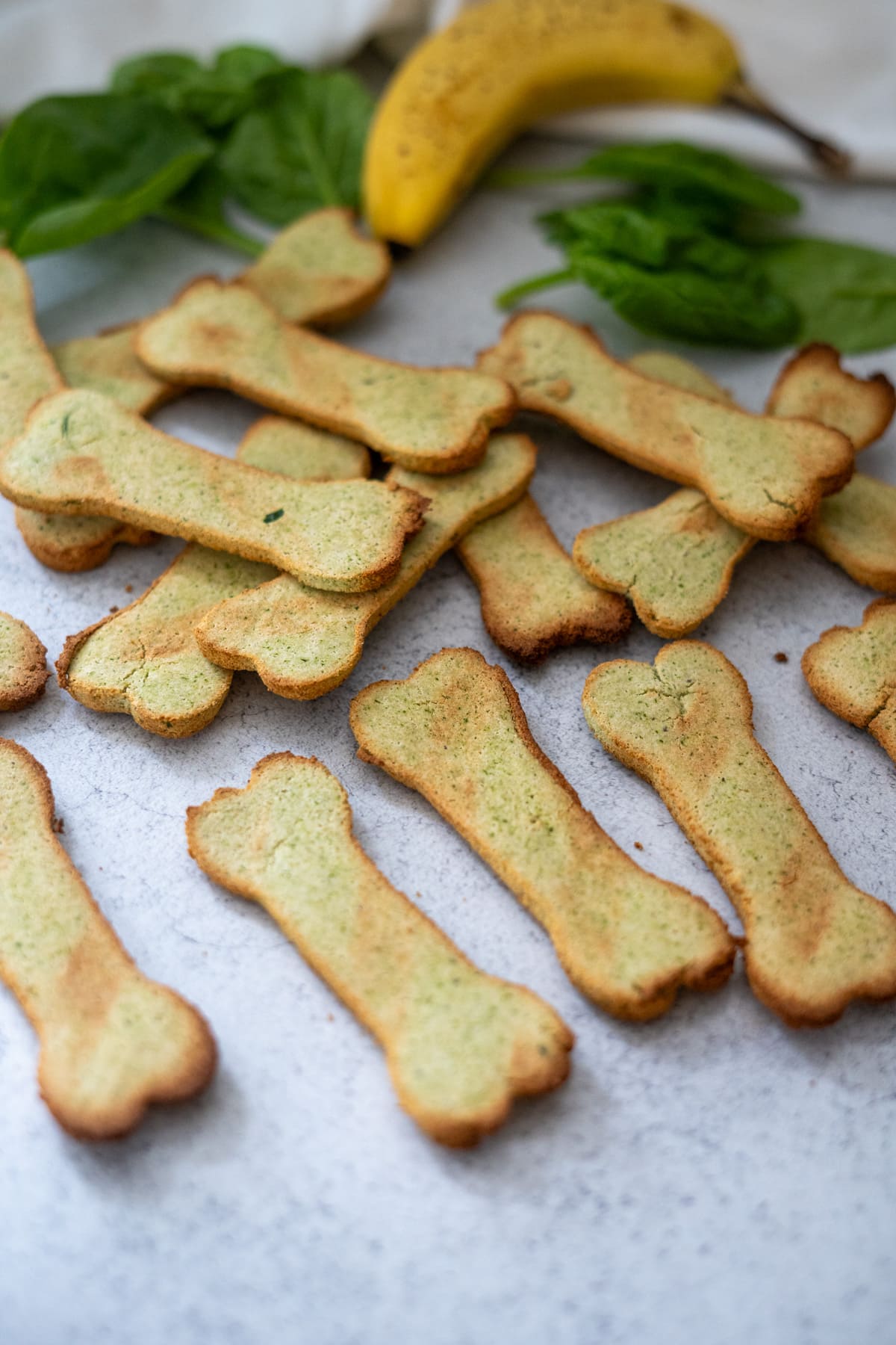 Bone-shaped dog treats are spread out on a countertop with leafy greens and a banana in the background.