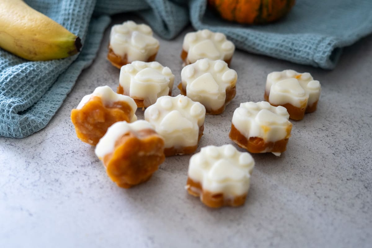 Small, paw-shaped frozen treats with white and orange layers are arranged on a countertop near a banana, a blue towel, and a small orange gourd.