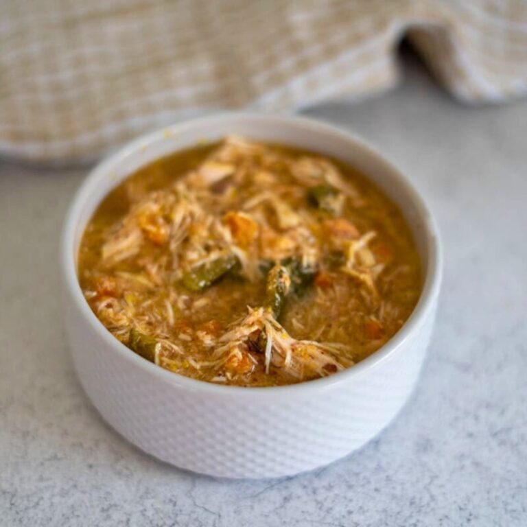 A white bowl filled with a chunky chicken and salmon dog food stew, placed on a light-colored countertop with a textured cloth in the background.