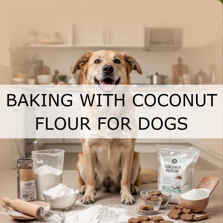 A dog sits in a kitchen surrounded by baking ingredients and coconut flour, with baked dog treats on the worktop. Text reads "Baking with Coconut Flour for Dogs.