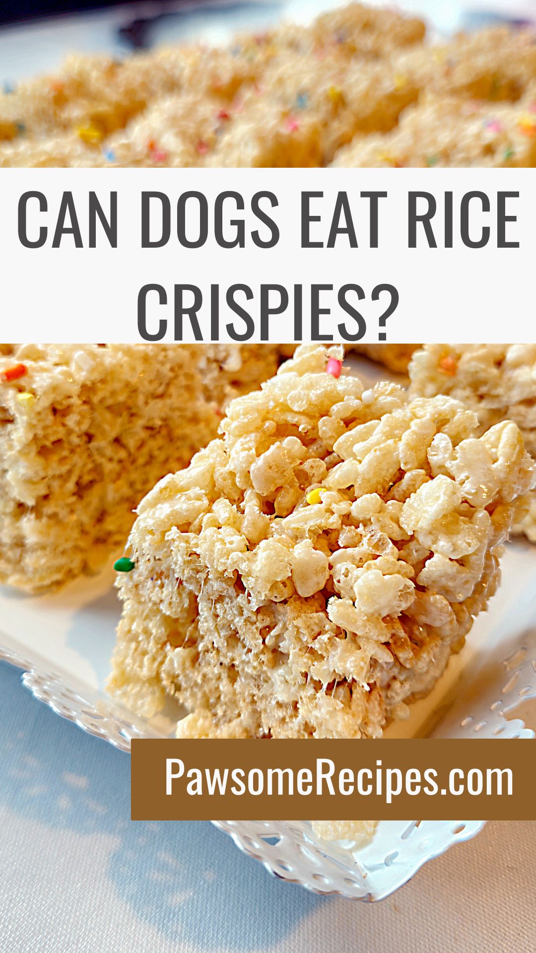 Close-up of Rice Krispie squares with a text overlay, "Can dogs eat Rice Krispies?" and a website link at the bottom. The image sparks curiosity about whether dogs can safely enjoy this snack.