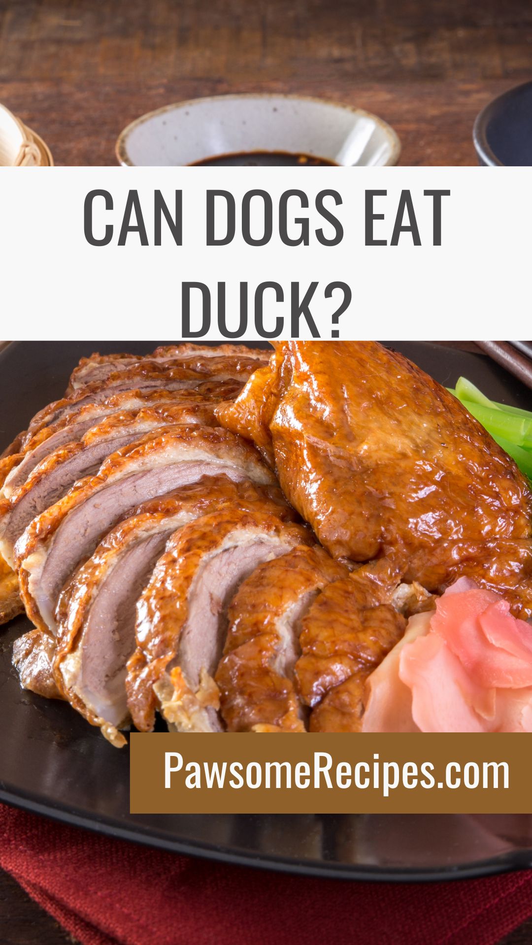 Sliced cooked duck breast on a black plate with garnish. Text asks, "Can dogs eat duck?" to spark curiosity about feeding pets safely. Includes "PawsomeRecipes.co.uk" at the bottom.