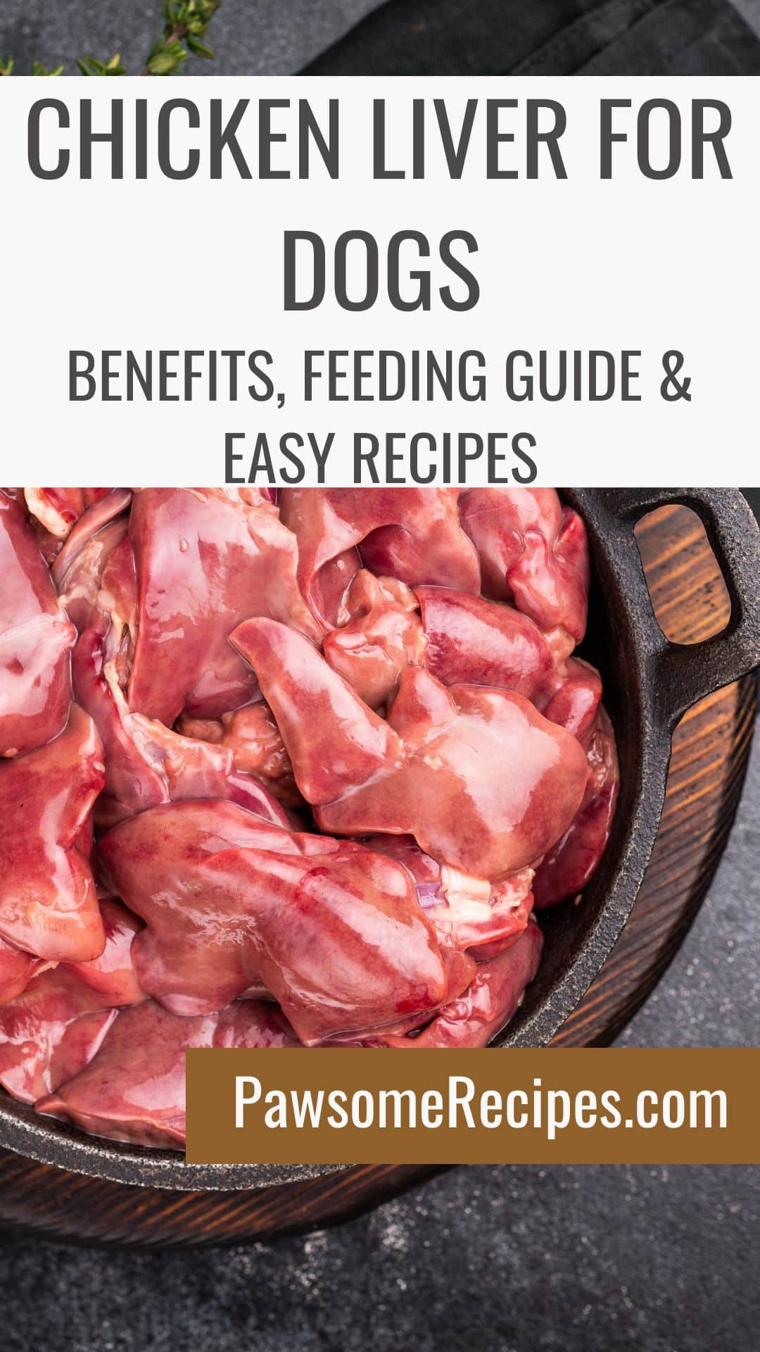 A cast iron bowl filled with raw chicken liver on a wooden surface, with text highlighting chicken liver for dogs, its benefits, feeding guide, and tasty recipes from PawsomeRecipes.co.uk.