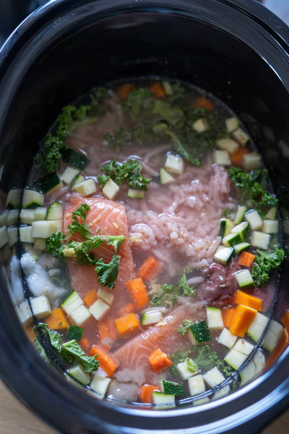 Raw salmon, minced turkey and meat, chopped carrots, courgette, and kale in a slow cooker filled with water—homemade turkey and salmon dog food ready to be cooked.