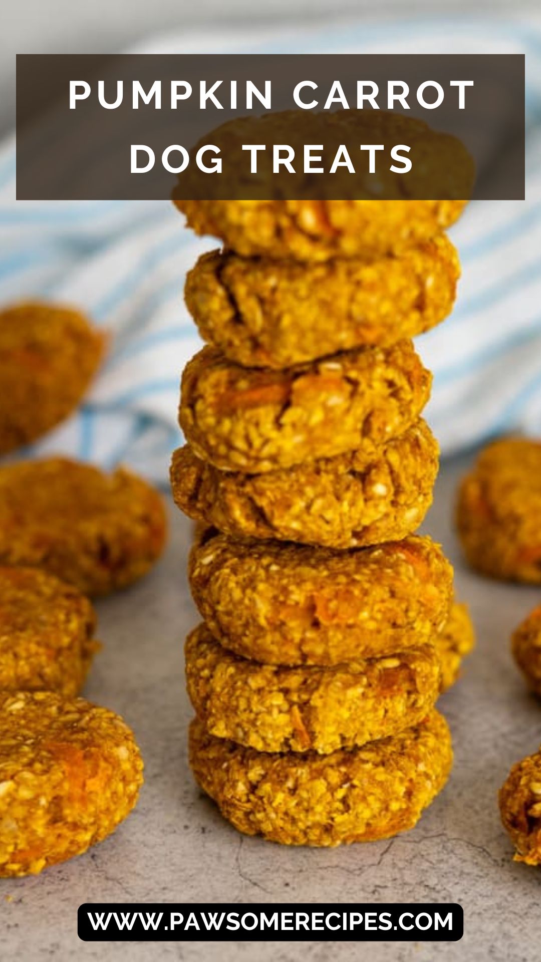 A stack of homemade pumpkin carrot dog treats sits on a worktop, with more delicious pumpkin carrot dog treats visible in the background.