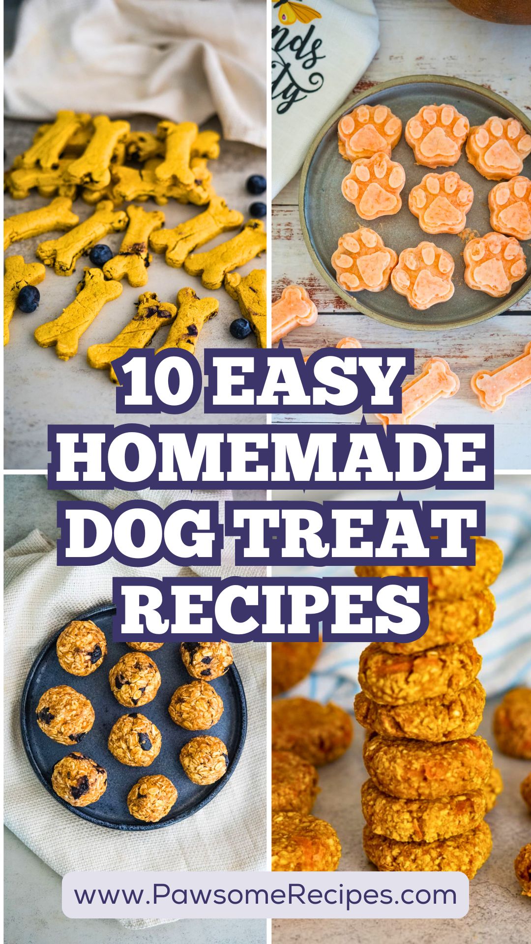 A collage of Easy Homemade Dog Treat Recipes in various shapes and colours with the text "10 Easy Homemade Dog Treat Recipes" and the website www.PawsomeRecipes.com.