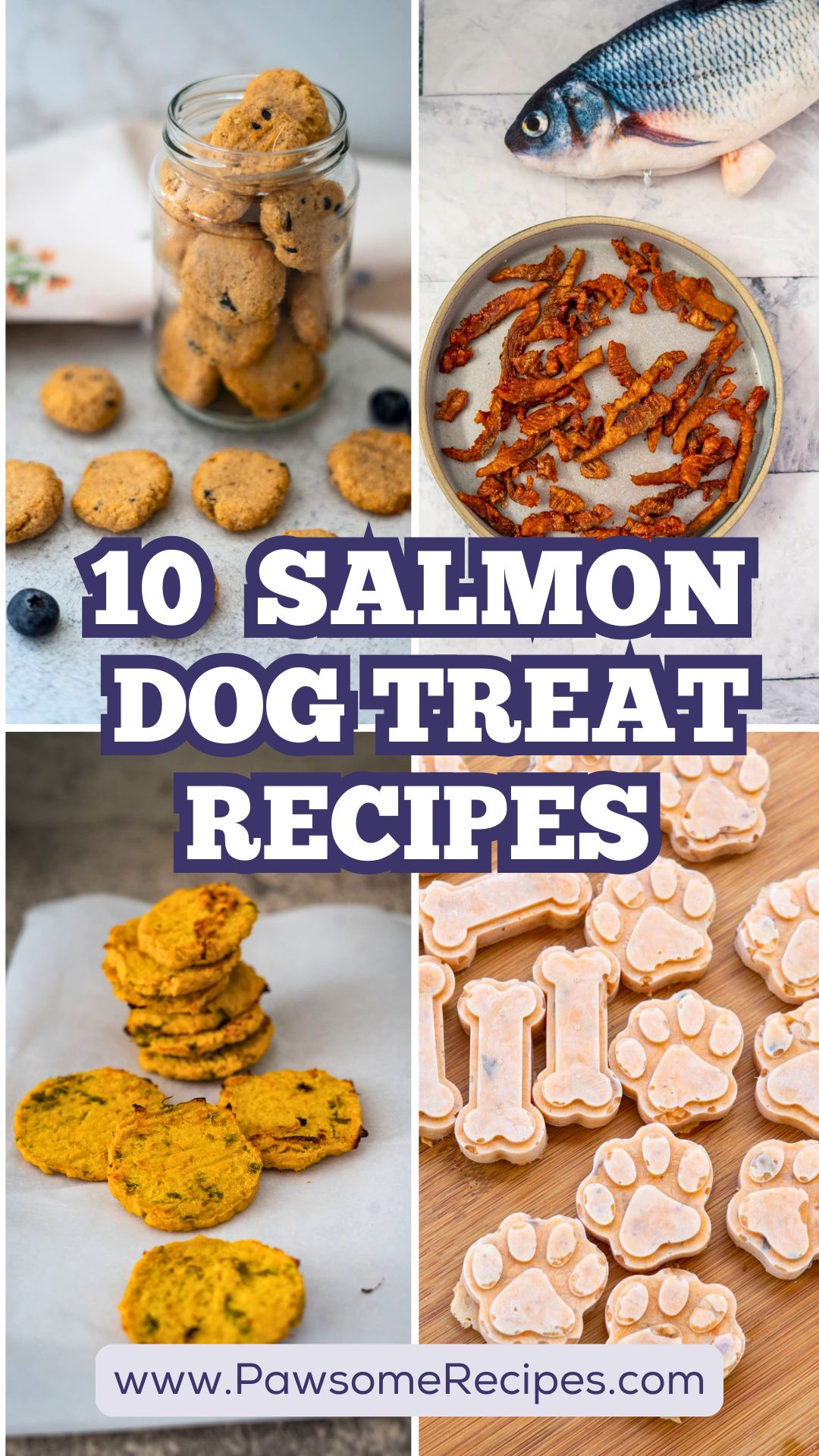 Collage of four salmon dog treats, including biscuits and shaped biscuits, with text overlay: "10 Salmon Dog Treat Recipes" showcasing delicious salmon dog treat recipes from www.PawsomeRecipes.com.
