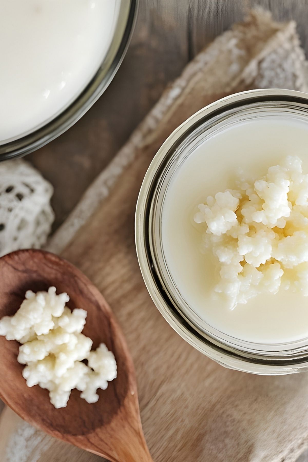 A glass jar and a wooden spoon containing white milk kefir grains on a wooden surface with a piece of cloth nearby.