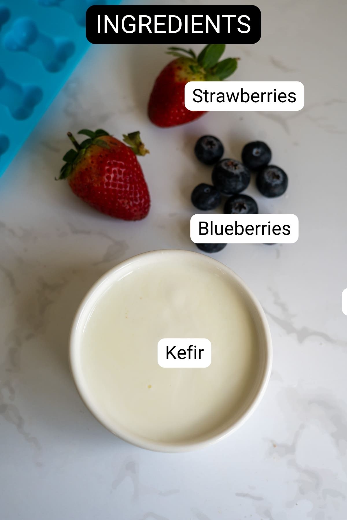 A bowl of kefir, two strawberries, and six blueberries are arranged on a white surface with labels identifying each ingredient.