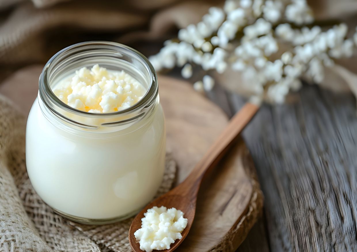 A glass jar of kefir with kefir grains on top, placed on a wooden board with a spoon holding more kefir grains beside it.