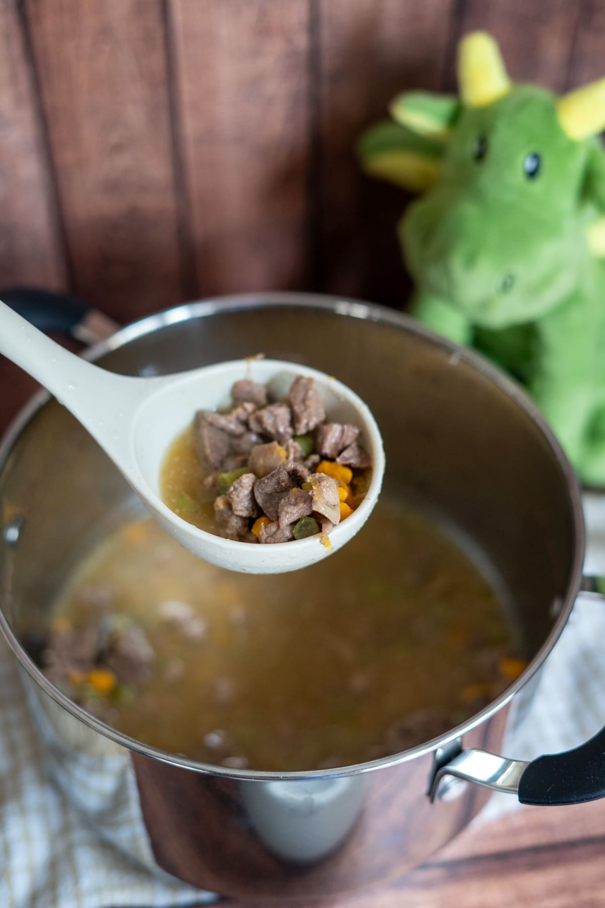 A ladle of lamb stew for dogs with meat and vegetables held above a saucepan, with a green dragon soft toy in the background.