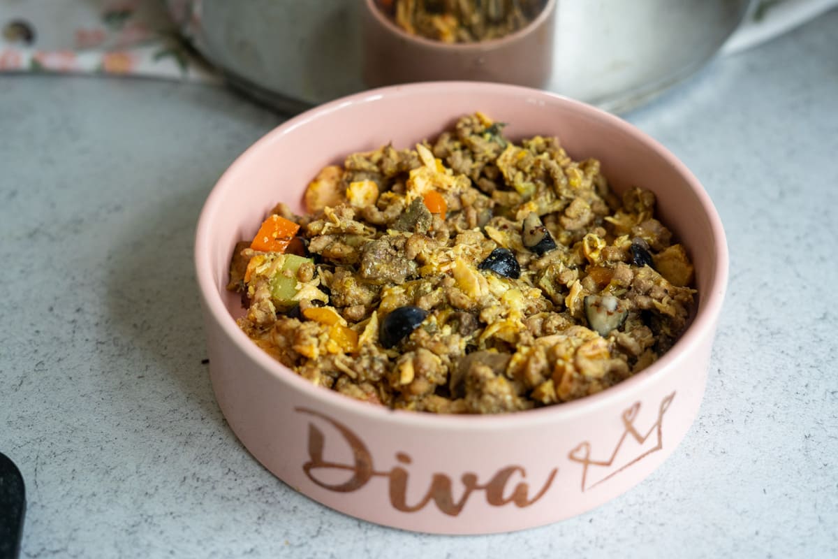 A pink bowl labelled "Diva" filled with a chunky mixture of meat, vegetables, and olives sits on a grey countertop.