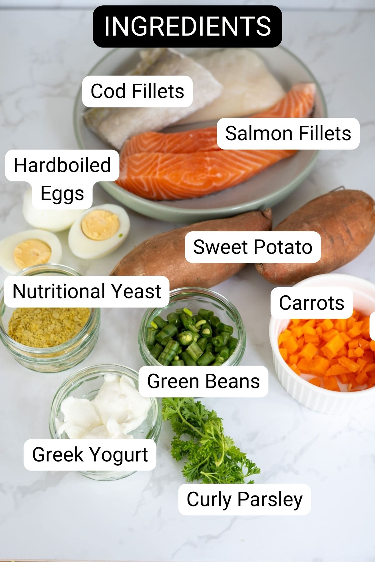 A plate with raw cod and salmon fillets, hard-boiled eggs, sweet potatoes, carrots, green beans, nutritional yeast, Greek yoghurt, and curly parsley on a white surface.