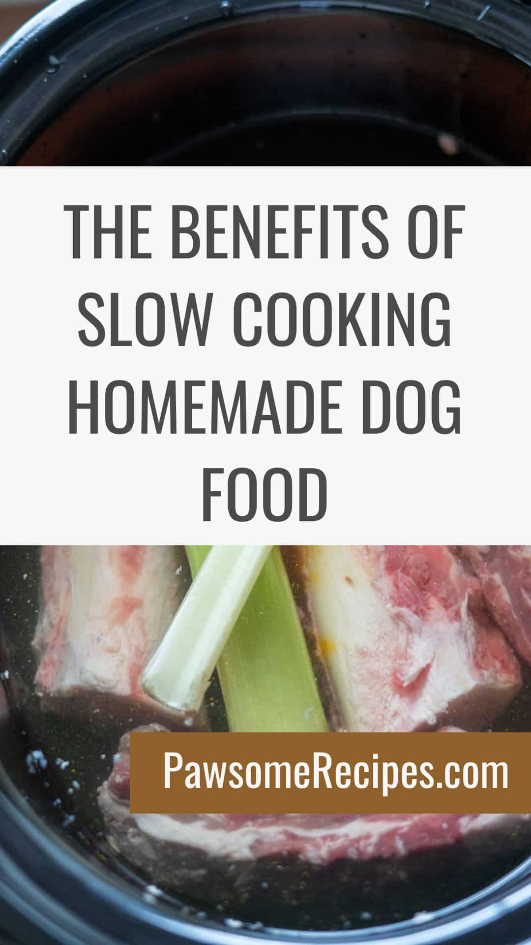 Raw bones and vegetables simmer in a slow cooker, highlighting the benefits of homemade slow cooker dog food. Visit PawsomeRecipes.com for wholesome recipes your pup will love!.