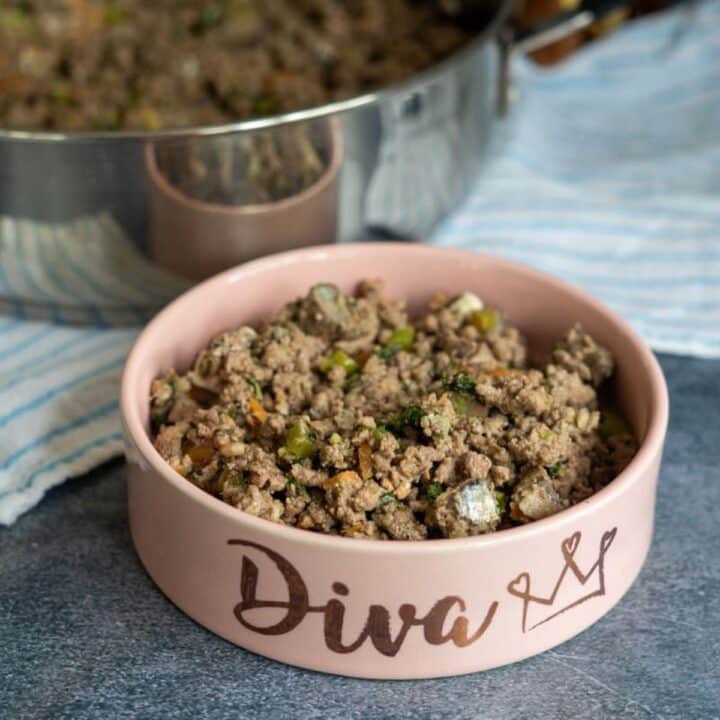 A pink bowl labelled "Diva" holds cooked minced meat with vegetables, placed on a grey surface next to a frying pan and a striped cloth.