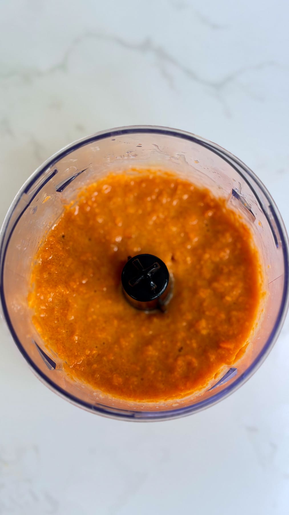 A food processor filled with a blended orange-red sauce for carrot bone broth dog treats sits on a white surface.
