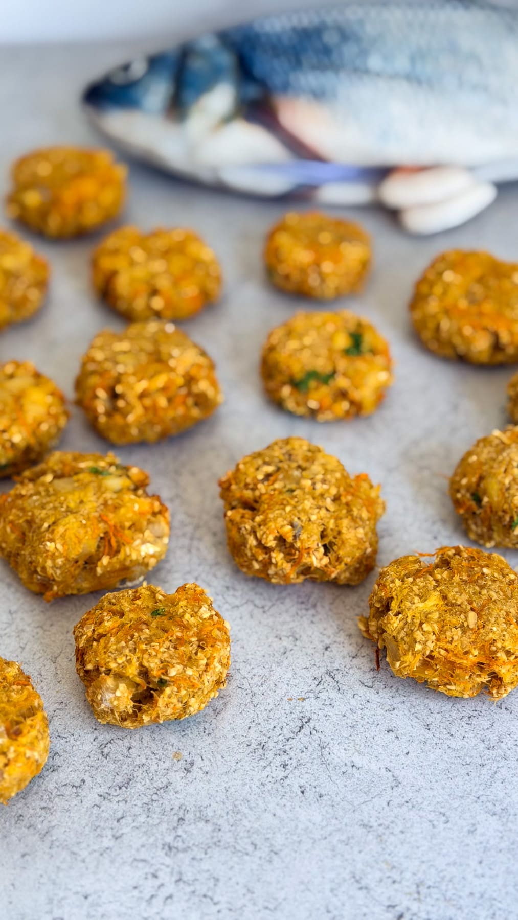 Several round, golden-brown fishcakes, made with cod and carrot, are arranged on a grey surface, with a whole raw fish placed in the background—perfect as healthy dog treats.