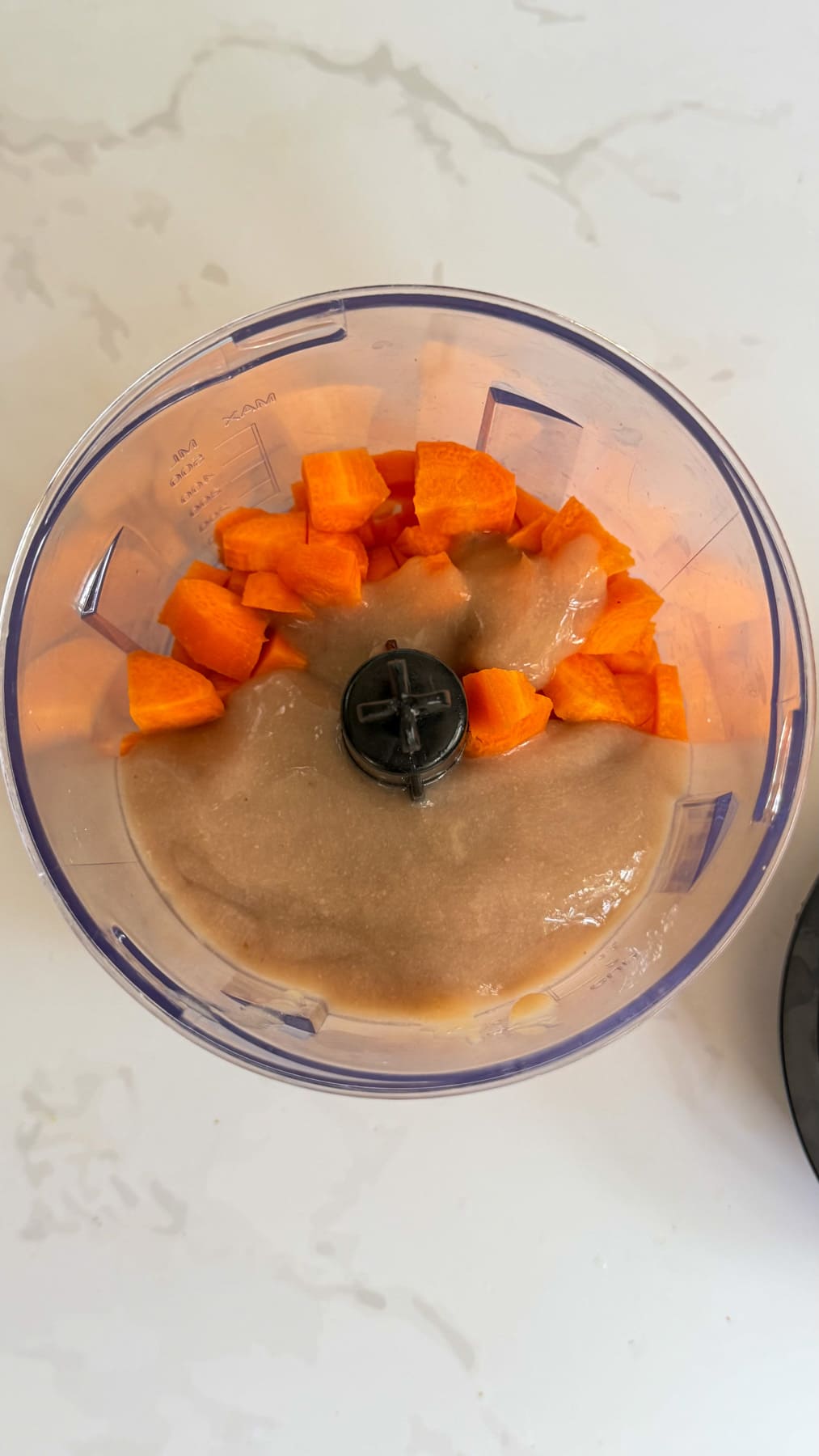 A food processor bowl containing chopped carrots and a light brown carrot bone broth dog treats purée, placed on a white worktop.