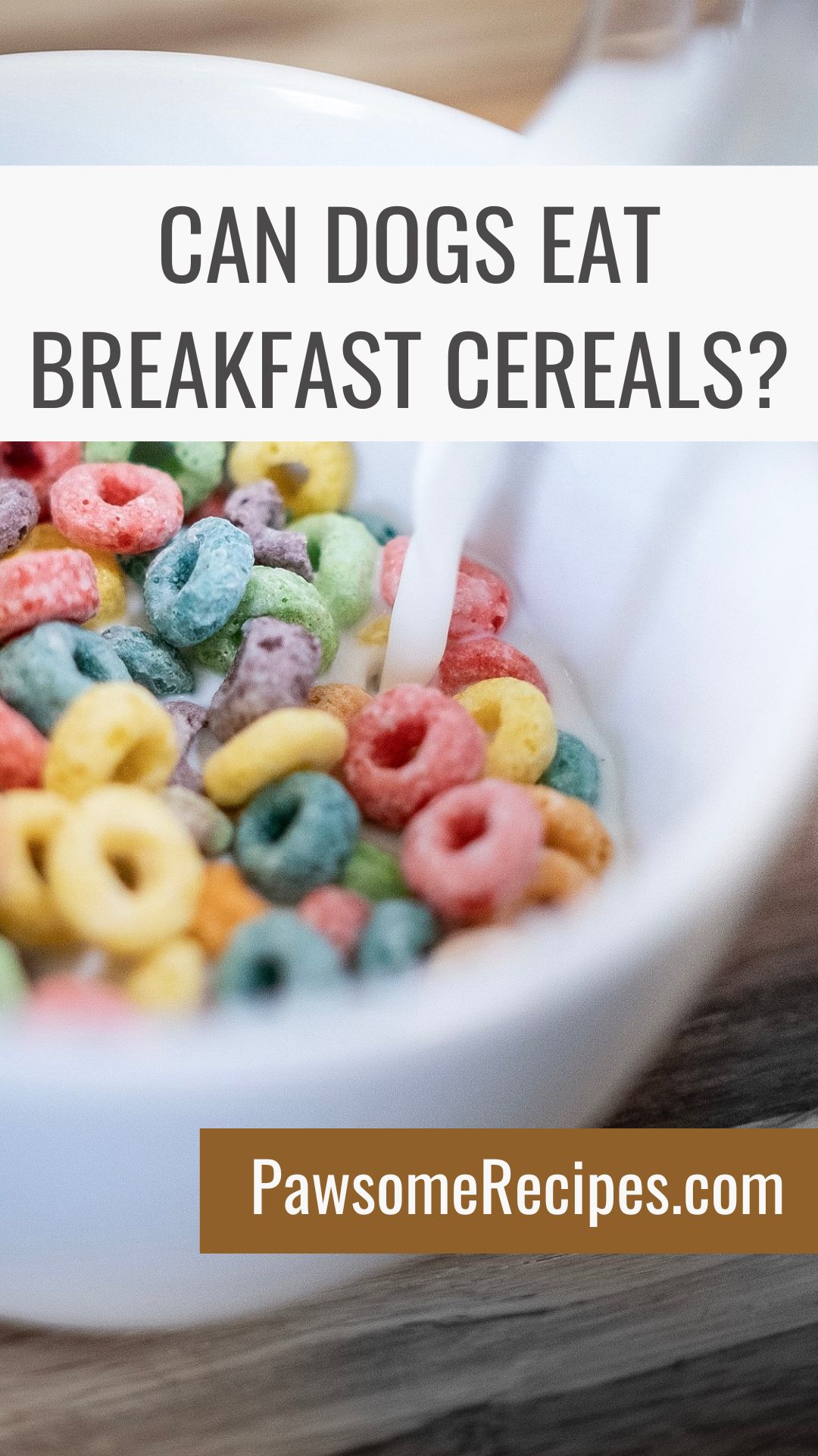 A bowl of colourful breakfast cereal with milk being poured, accompanied by the text "Can dogs eat breakfast cereals?" and the website "PawsomeRecipes.com" explores whether dogs can eat breakfast cereals safely.