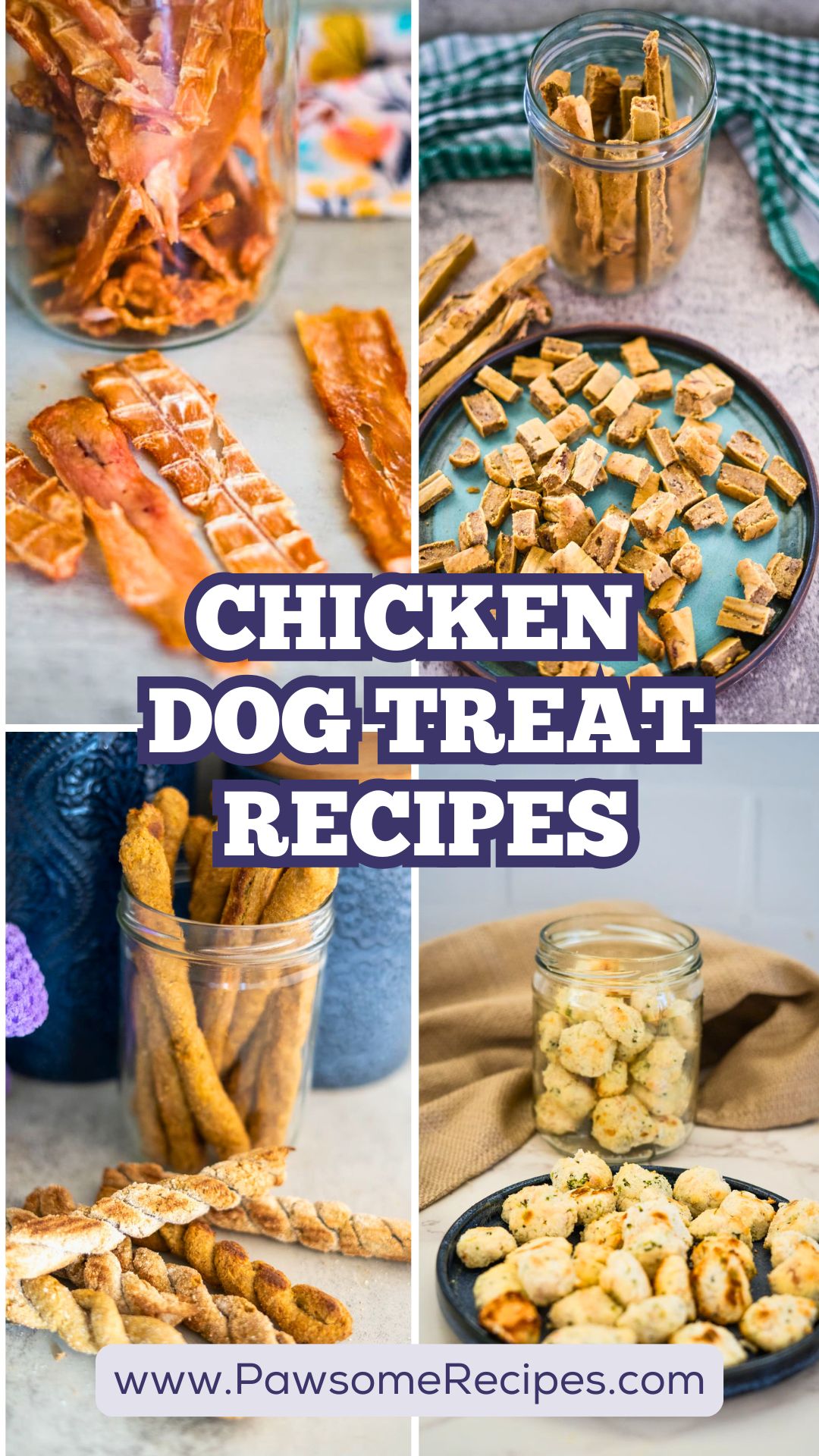 A collage features chicken dog treat recipes in jars and on plates, with the text "Chicken Dog Treat Recipes" and a website link displayed at the bottom.