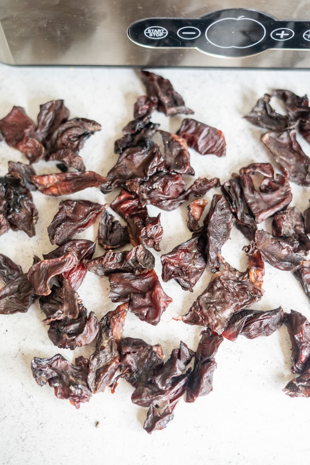 Dried pieces of meat scattered on a white surface in front of a food dehydrator.