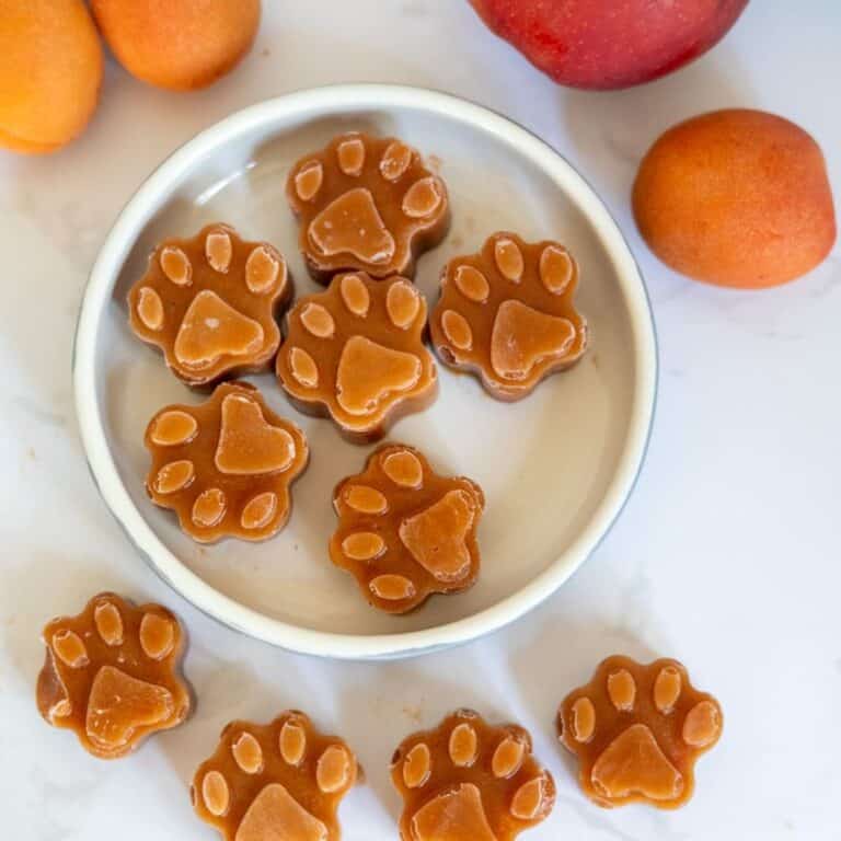 A white bowl filled with paw-shaped treats, surrounded by whole apricots and a peach on a white surface.