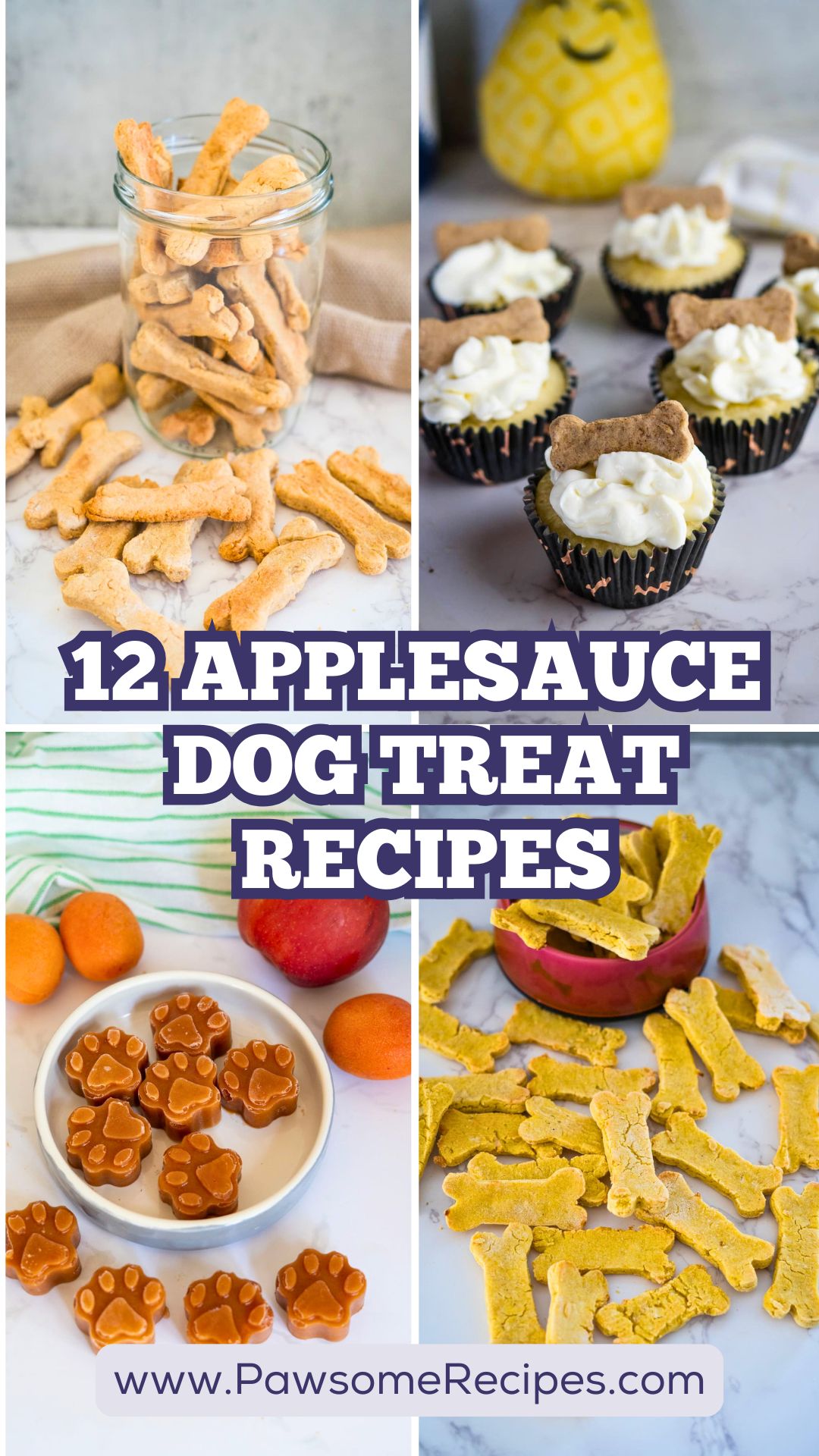 Four photos of homemade applesauce dog treats, including bone and paw shapes, surround the text “12 Applesauce Dog Treat Recipes” with the website “www.PawsomeRecipes.com” at the bottom.