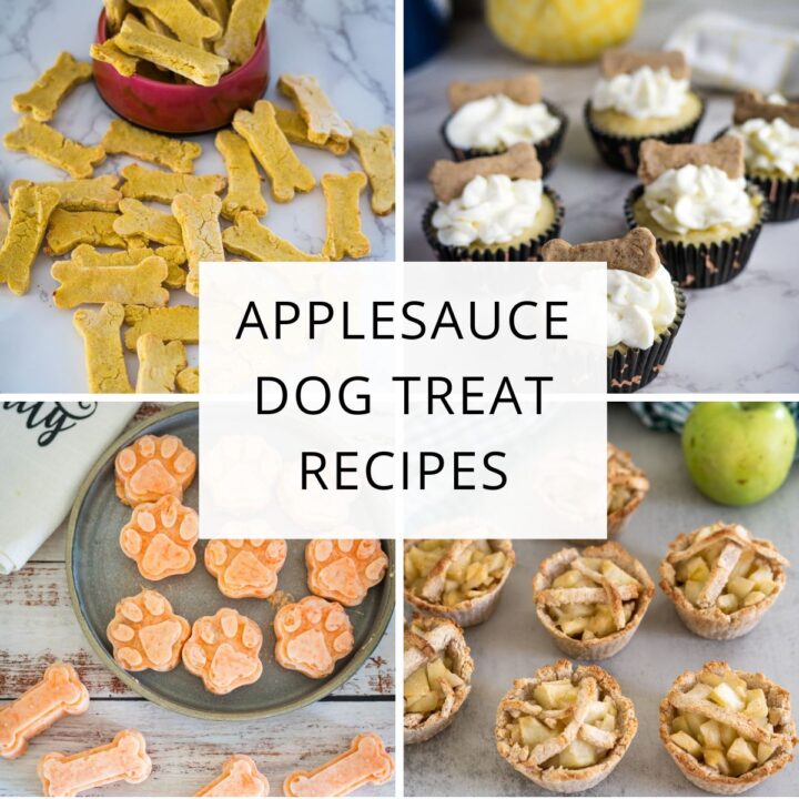 Four types of homemade dog treats, including bone-shaped biscuits, cupcakes with icing and biscuits, paw-shaped treats, and mini apple pies—each made extra special with applesauce dog treats. Text overlay: "APPLSAUCE DOG TREAT RECIPES.
