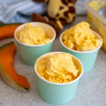 Three tubs of orange melon ice cream are on a counter next to two slices of cantaloupe and a toy giraffe in the background.