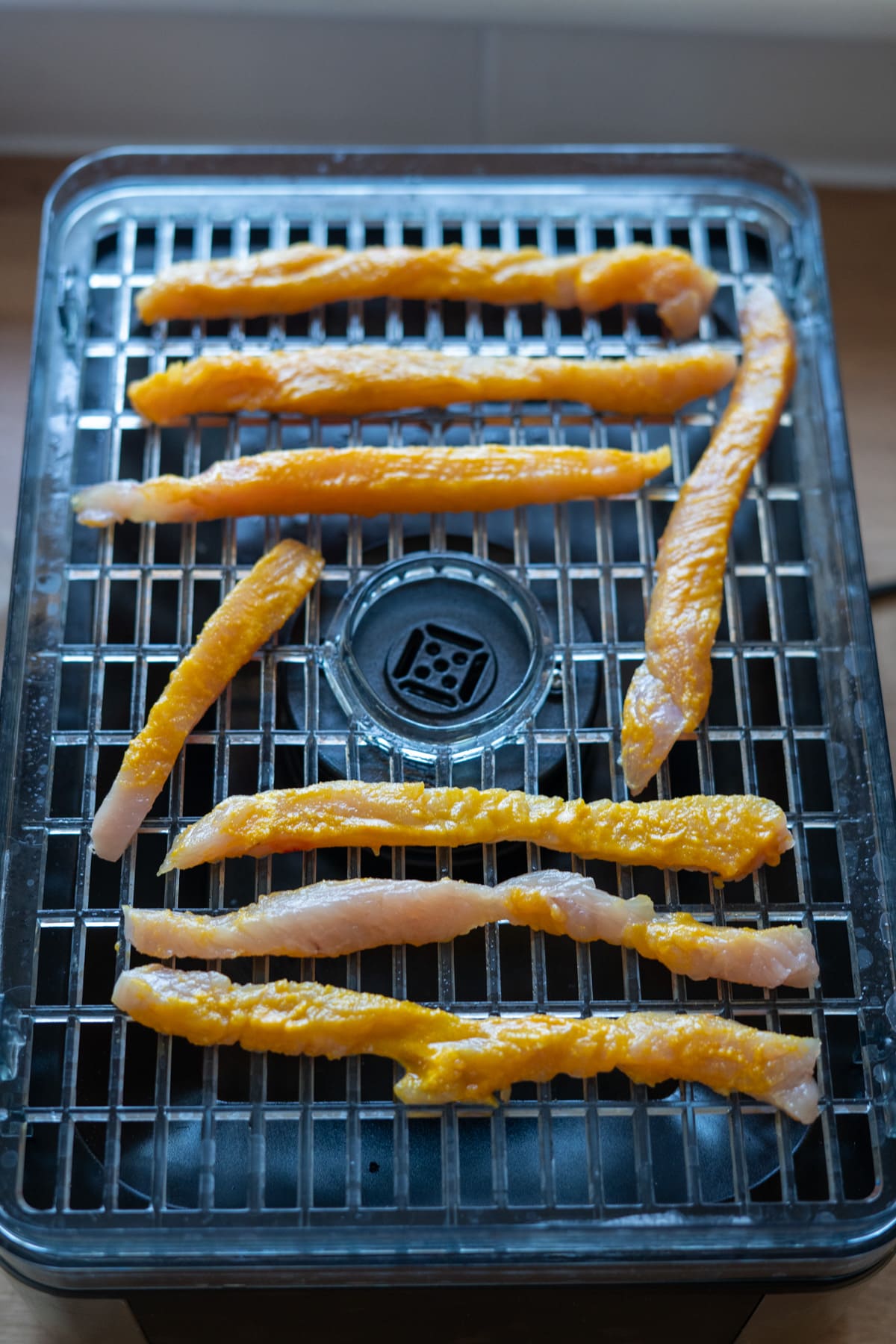 Raw marinated fish strips are arranged in rows on a black dehydrator tray, ready for drying or smoking—similar to the way you might prepare turkey jerky for dogs.