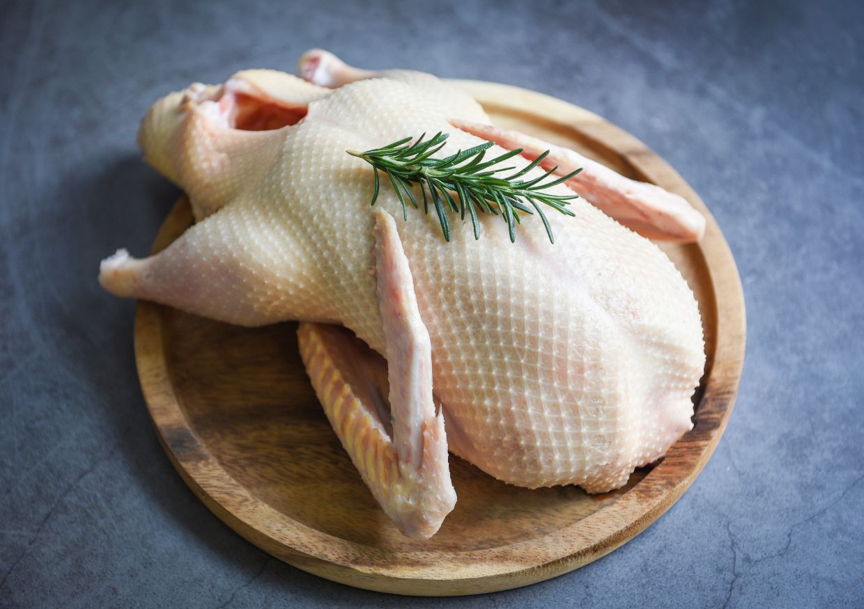 Raw whole duck with skin, considered one of the best proteins for dogs, is placed on a round wooden chopping board, topped with a sprig of rosemary, on a grey worktop.