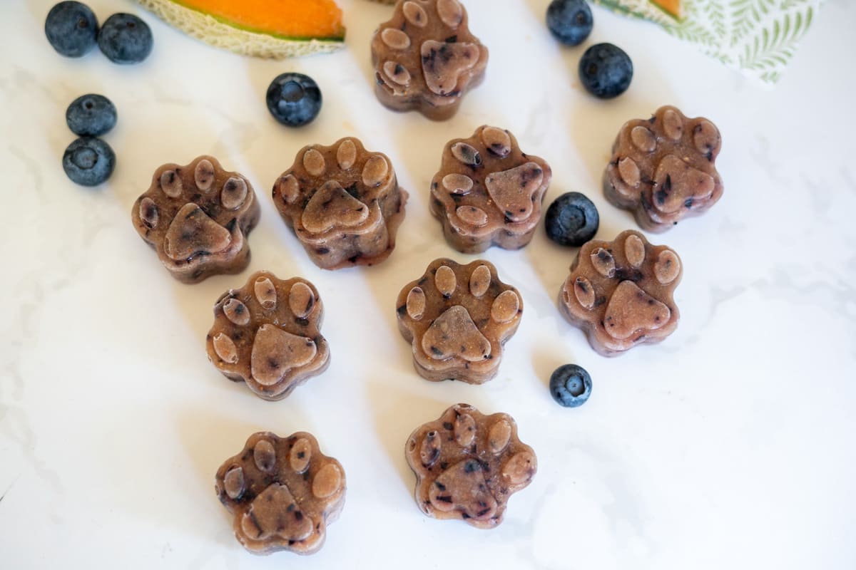Frozen cantaloupe blueberry dog treats shaped like paw prints are arranged on a white surface, with scattered blueberries and melon slices nearby.